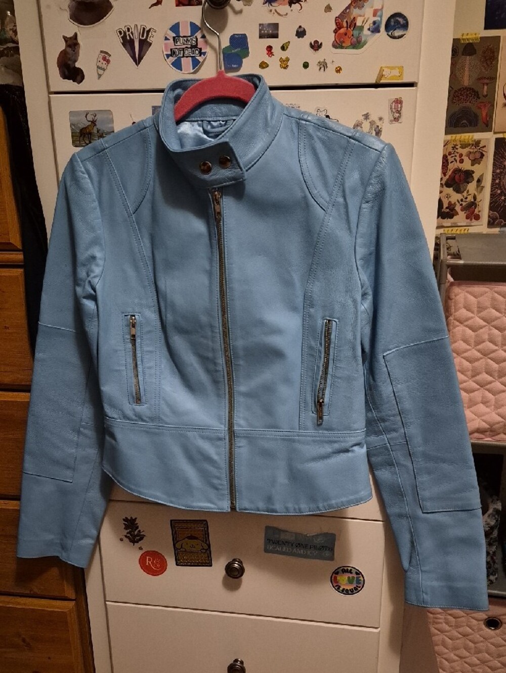 Y2K OXYHO Light Blue Real Leather Moto Jacket - Picture 5 of 6